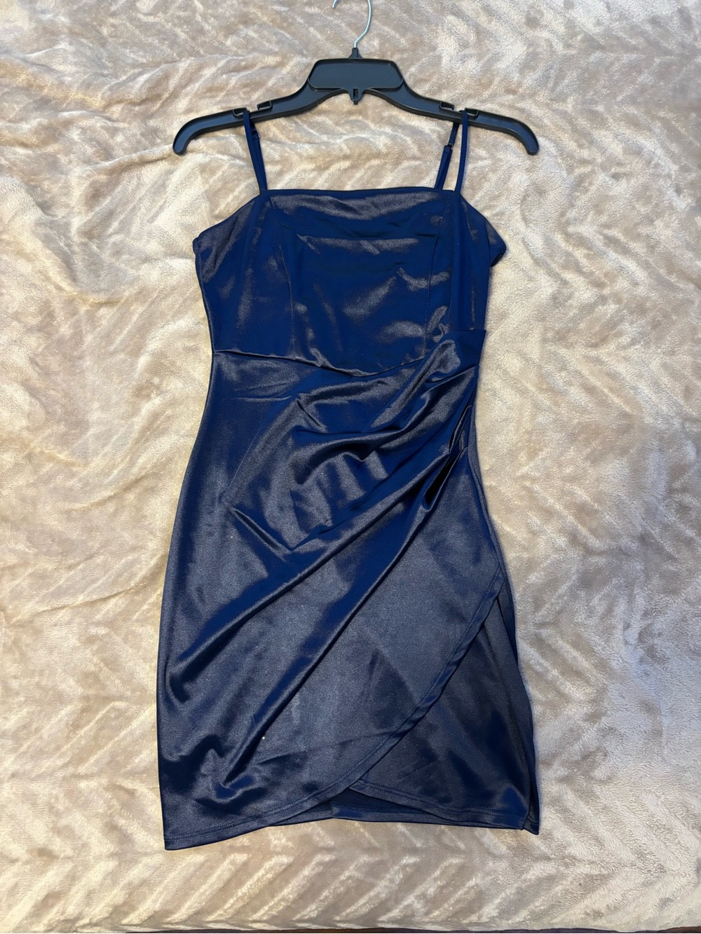 Honey and Rosie Navy Satin Mini Dress with Draped Wrap Skirt